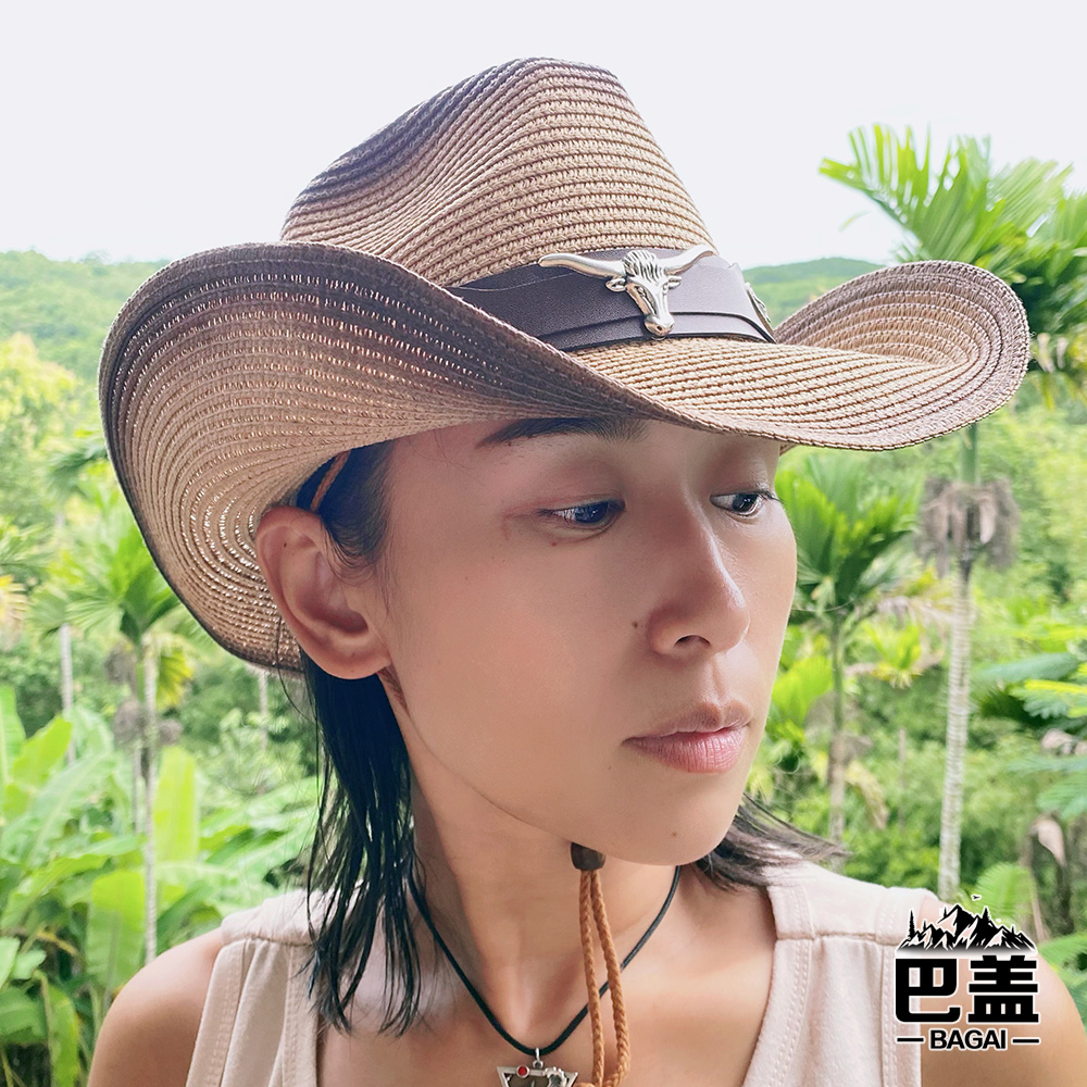 BAGAI/巴盖有绳款牛仔草帽 户外徒步钓鱼遮阳防晒透气草编太阳帽