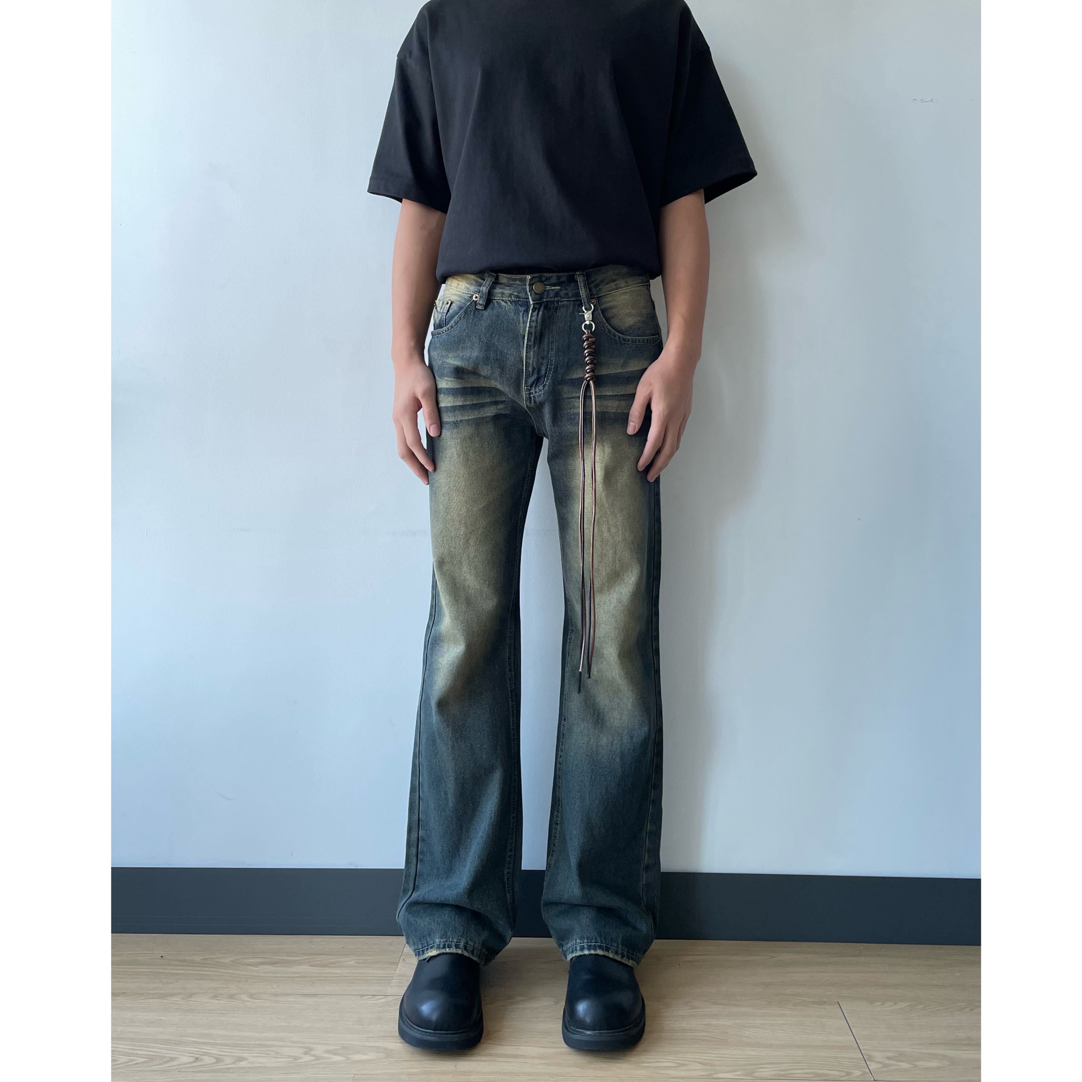 cleanfit 男生微喇牛仔裤水洗美式复古蓝做旧设计感宽松长裤-6056