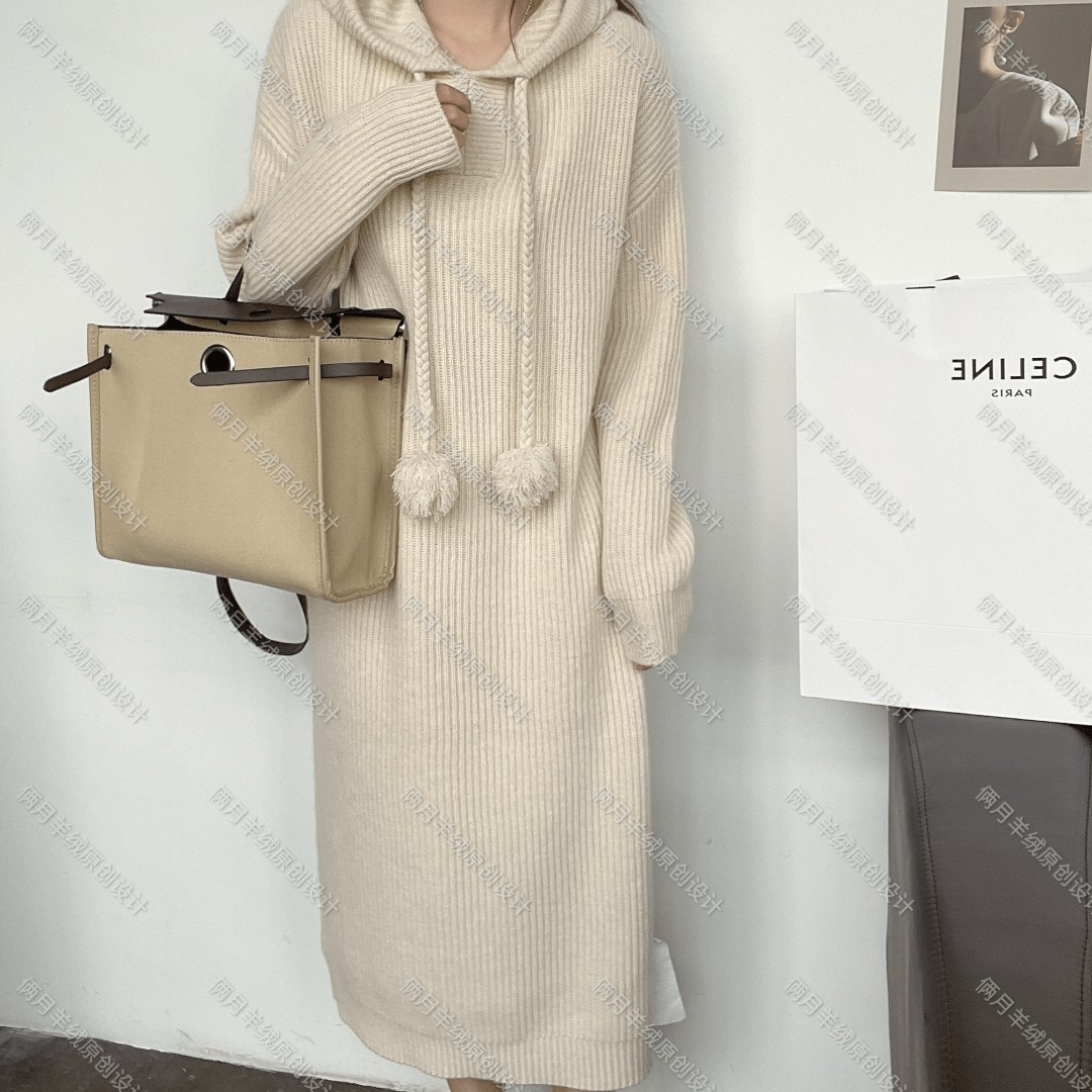 【杰娜洋秋冬新款】221230法式慵懒风100羊绒针织连帽衫女装