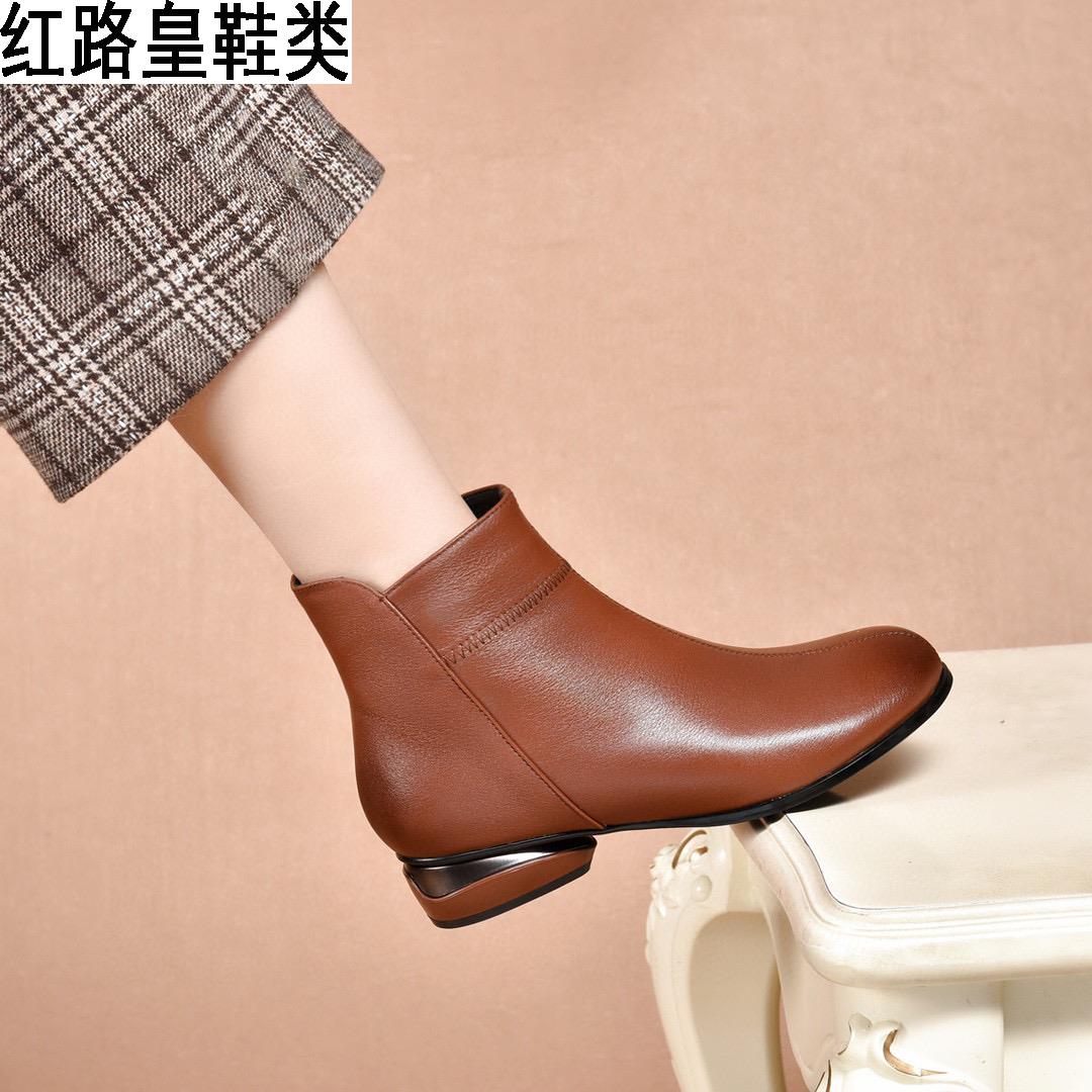 2023新款真皮小短靴女圆头软皮裸靴春秋单靴低跟秋冬加绒平底靴子