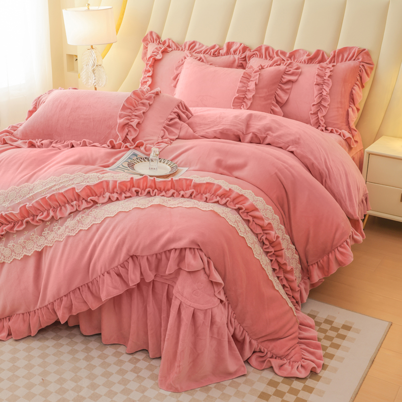 【韩版花边】加厚款牛奶绒四件套床盖款 冬季保暖四件套双面绒被套