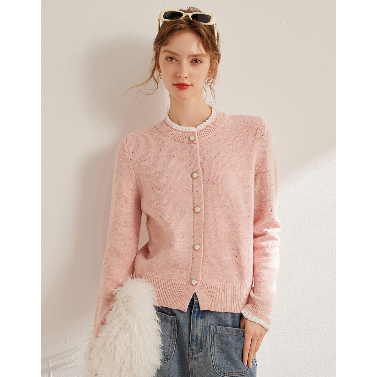 【小云总专属】白鹿语木耳边圆领彩点机织毛纱长袖毛衣BX10463