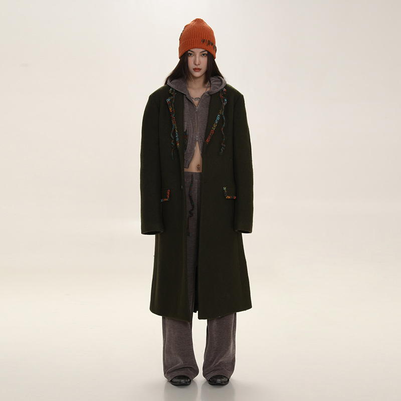 DNT/韩火火 复古气质宽松直筒中长款撞色毛线拼接毛呢大衣外套新