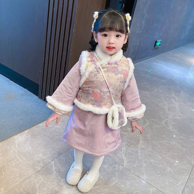 女童汉服旗袍拜年服中国风加厚套装唐装秋冬马甲两件套洋气小学生