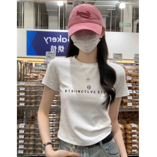 白色正肩100%含棉t恤女短袖夏季2024修身新款显瘦百搭打底ins上衣