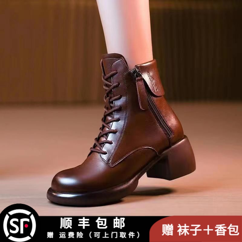 复古马丁靴女冬季新款厚底高跟粗跟短靴时尚百搭加厚女靴圆头加绒