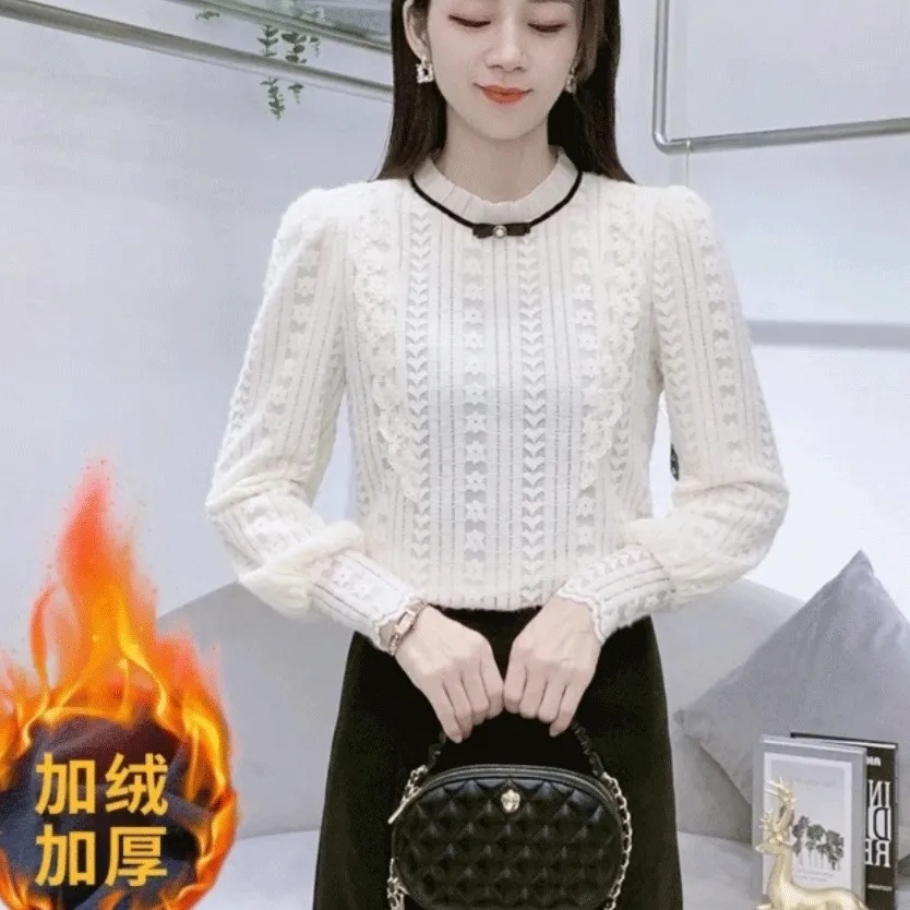 2024秋冬新款长袖蕾丝打底衫加绒加厚气质修身显瘦上衣洋气小衫女