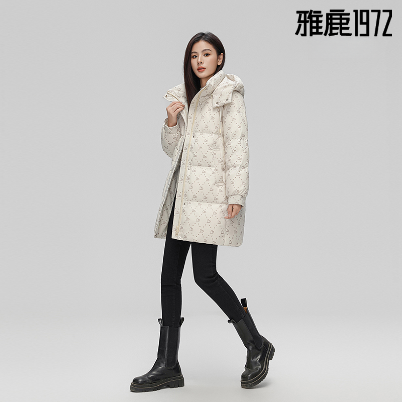 雅鹿 1972老花系列时尚秋冬户外女加厚防风90%白鸭绒中长款羽绒服