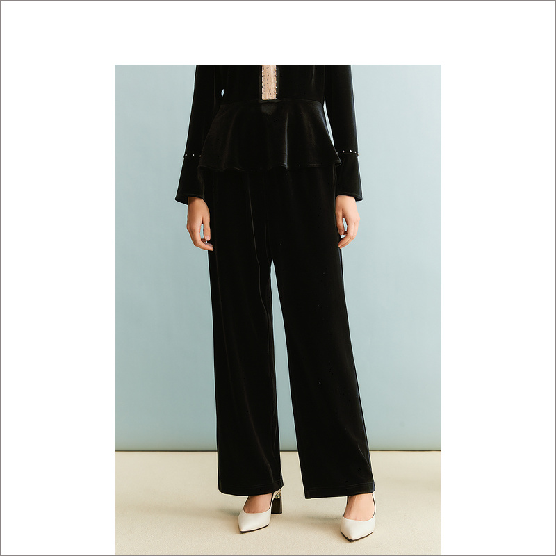【丝绒系列】YINER音儿秋季黑色通勤气质直筒宽松休闲裤8C63320046