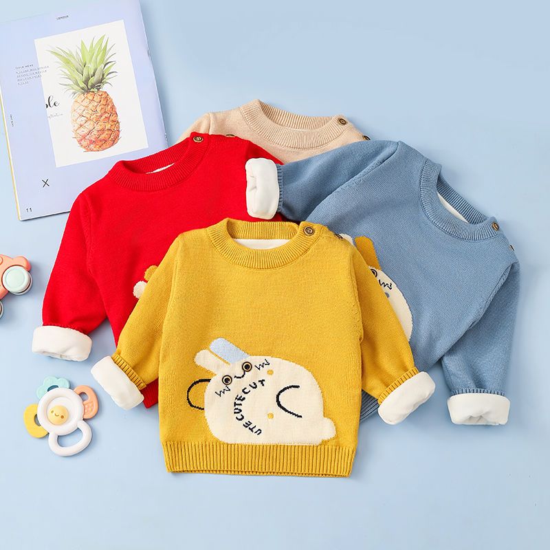 婴幼儿宝宝毛衣男女童加绒加厚衫秋冬款新生儿肩扣针织衫