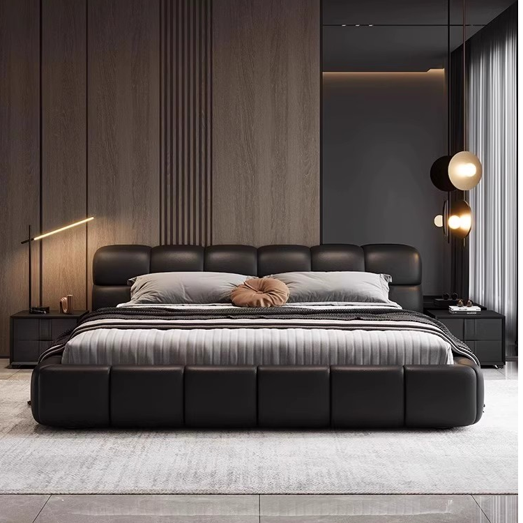 泡芙床奶油风轻奢现代布床2024新款小户型主卧双人黑色纳帕皮艺床