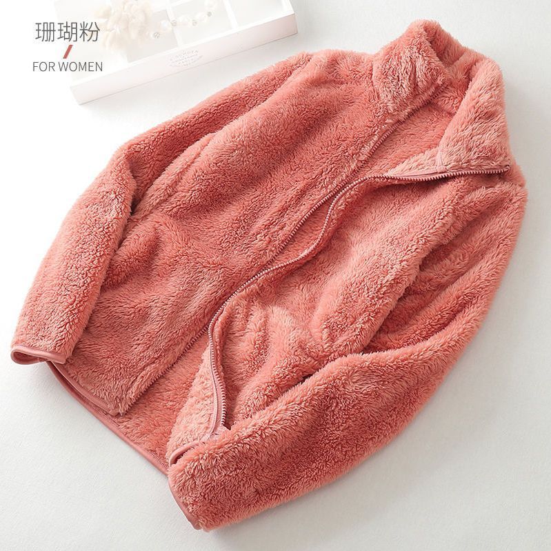 双面摇粒绒毛毛外套女短款大码珊瑚绒秋冬加厚保暖抓绒上衣女卫衣