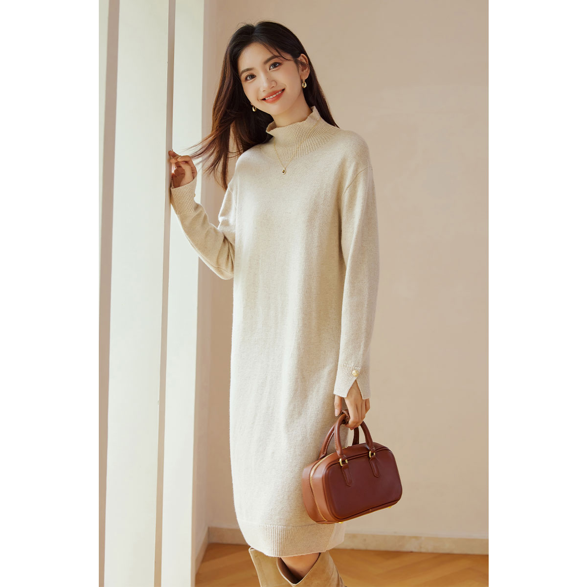 【陈大可专属】朗文斯汀简约纯色半高领针织连衣裙DTYL3511A07122