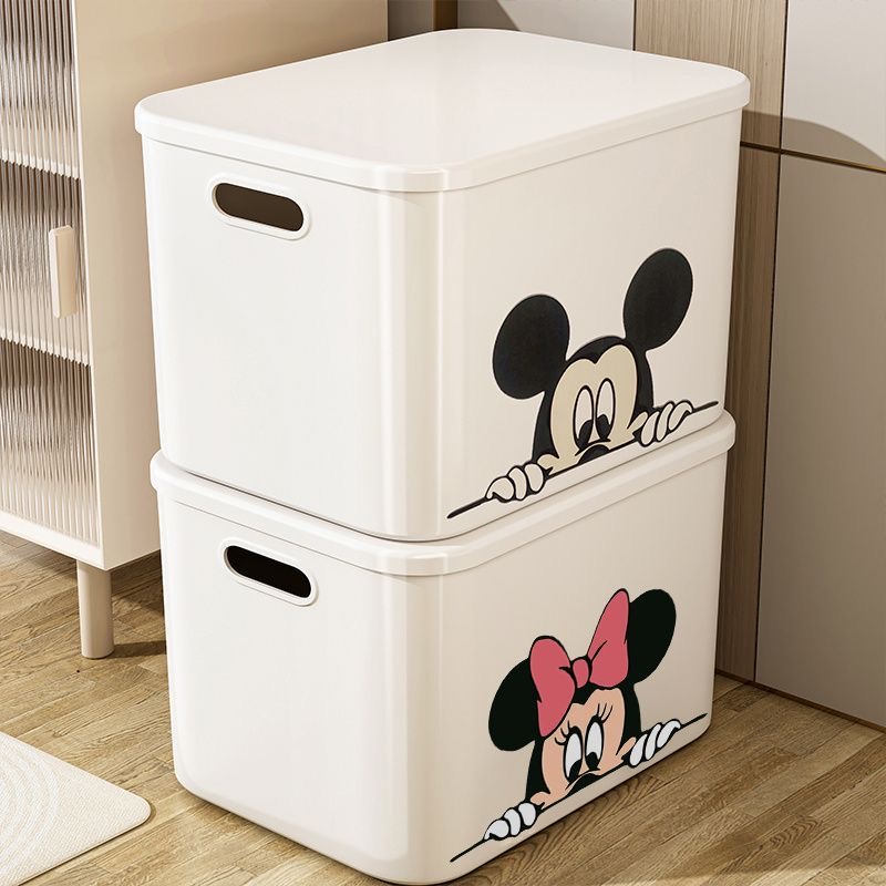 【两个装】TZ白色带贴纸杂物收纳大盒子卡通玩具篮塑料筐储物盒子