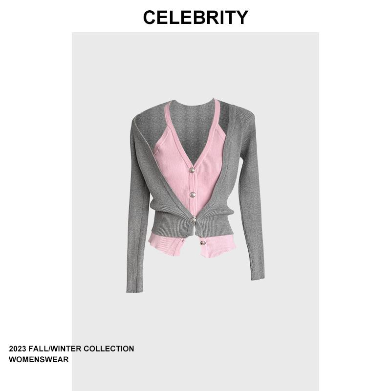 今日半价］ 同款纯欲天花板挂脖外套v领露肩撞色 假两件 针织开衫