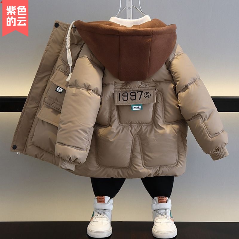 紫色的云男童棉衣加绒加厚中长款宝宝儿童冬装加厚棉炸街外套男孩