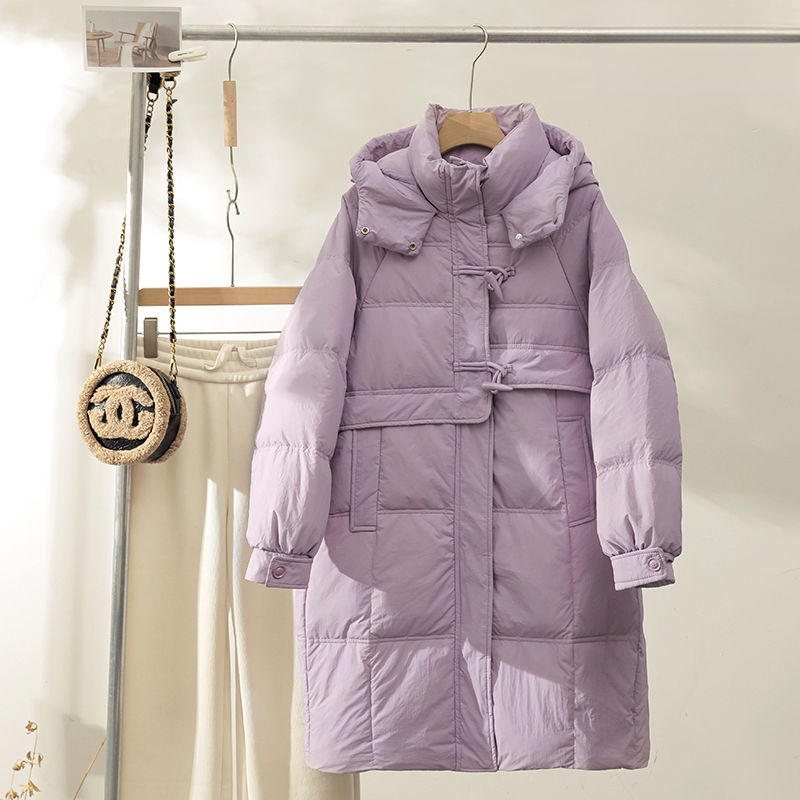 羽绒衣服羽绒服女中长款2024新款白鸭绒加厚牛角扣时尚韩版连帽反