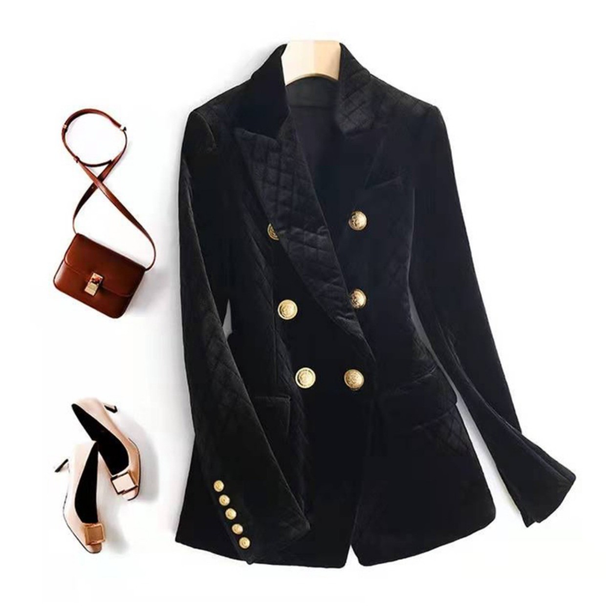 [气质女神]丝绒加棉短款保暖外套女双排金属扣202冬季款西装国风