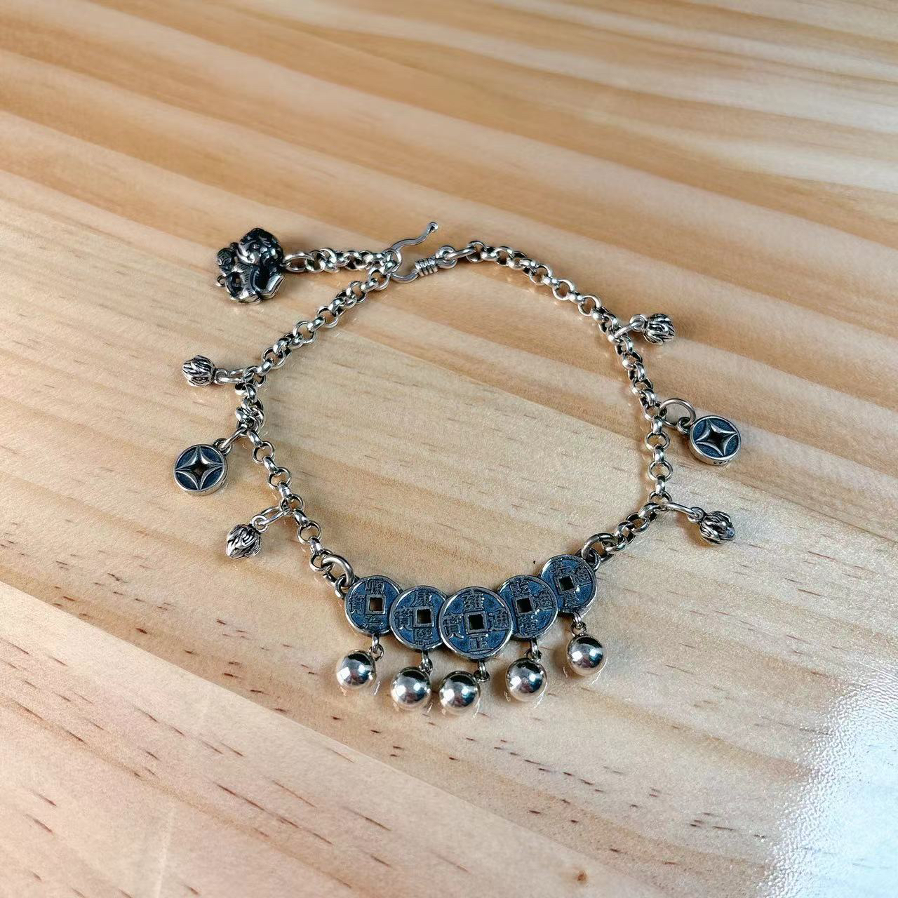 925银脚链 925银五帝钱脚链