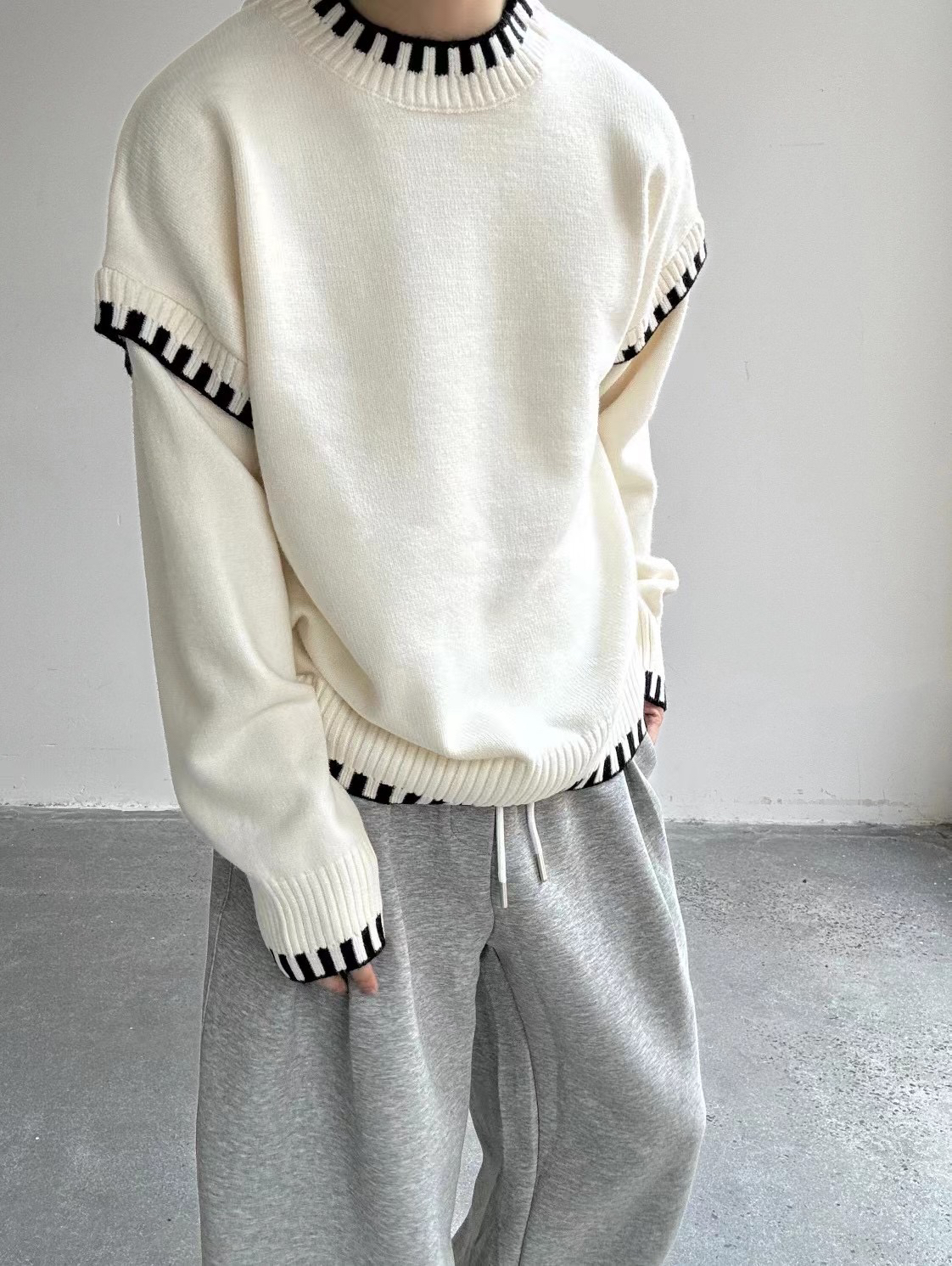 假两件针织毛衣男女秋冬潮流宽松圆领毛衣男士休闲针织衫简约时尚