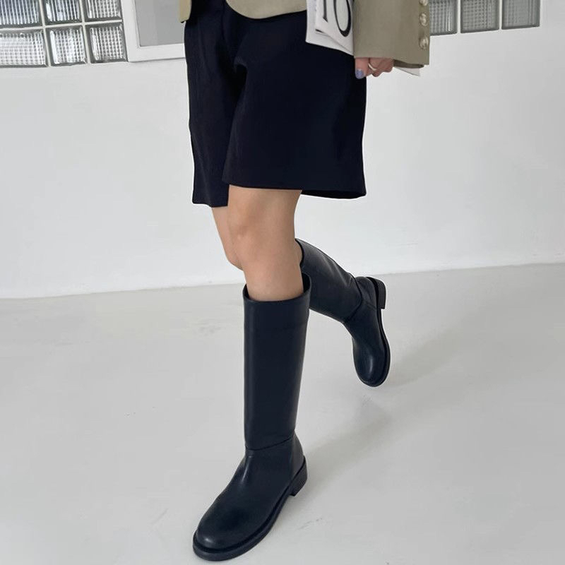 真皮长靴2024长筒靴复古新款骑士平底高筒靴棕色黑色直筒靴女