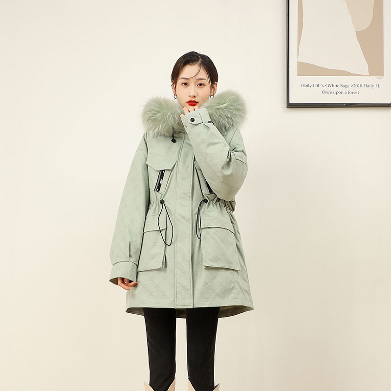 工装风大口袋抽绳收腰加厚保暖白鸭绒女式羽绒服HD180113