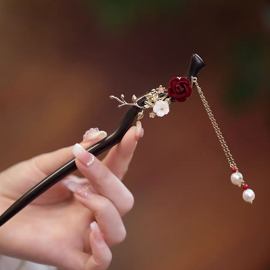 簪子女古风盘发头饰山茶花发簪红色步摇流苏旗袍木簪盘发气质发饰