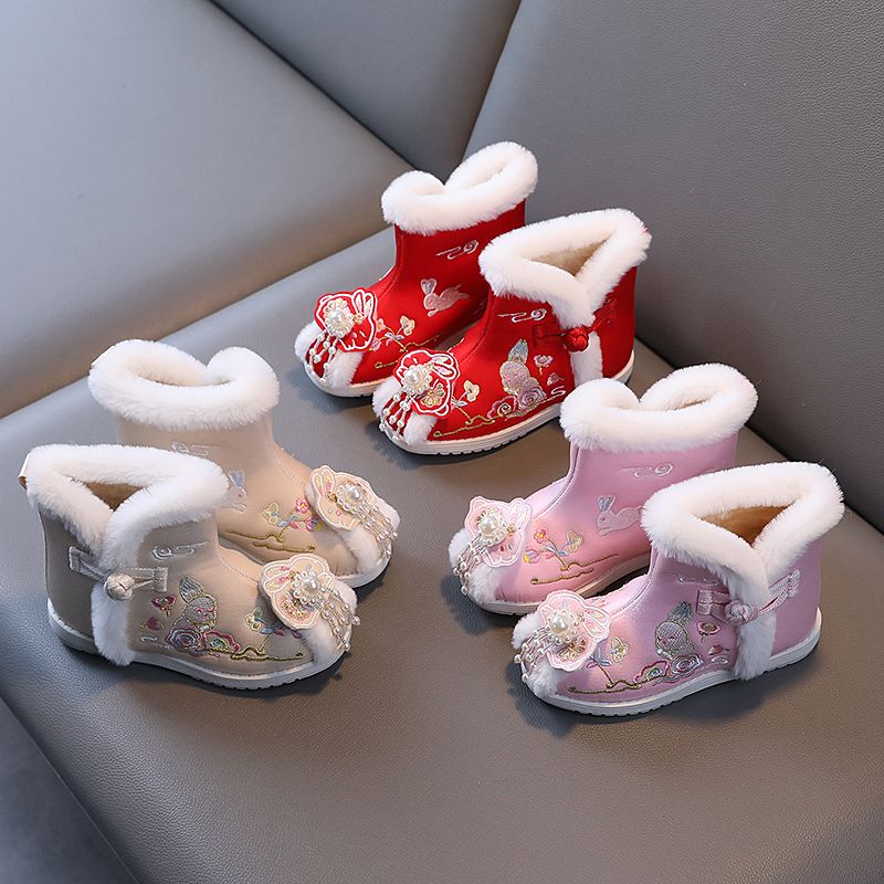 品巴拉巴拉女童绣花鞋汉服靴子秋冬加绒保暖棉鞋老北京布鞋中国