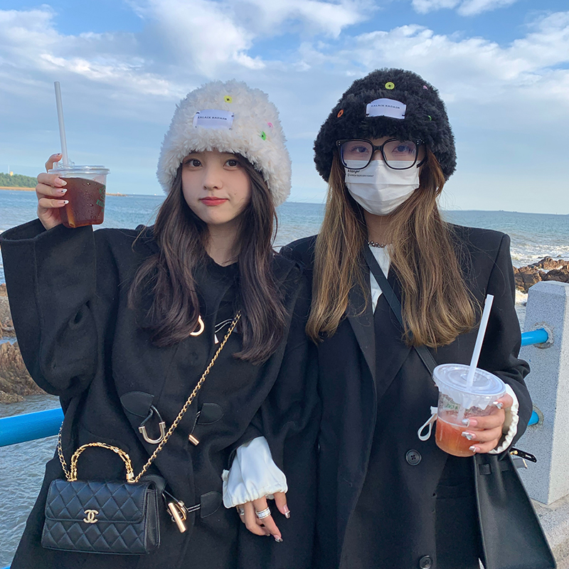 【白鹿同款】网红同款百搭纽扣毛绒针织帽加厚保暖可爱显脸小毛线帽