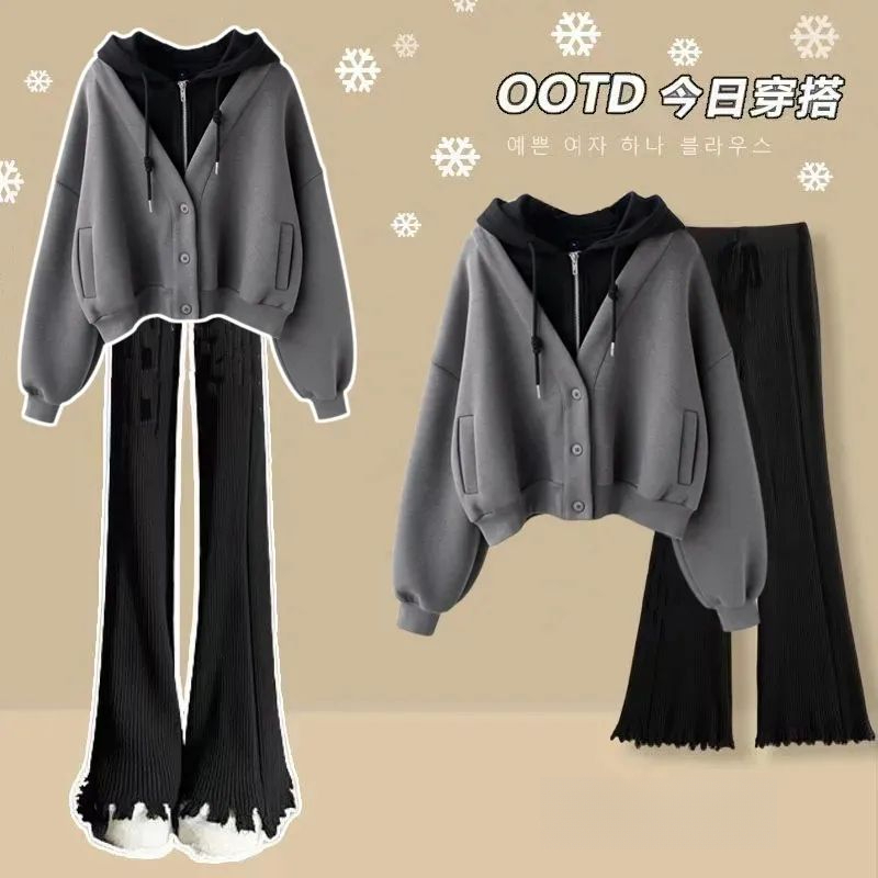 秋季茶系穿搭2023新款时尚连帽卫衣高腰阔腿裤两件套春秋显瘦网红
