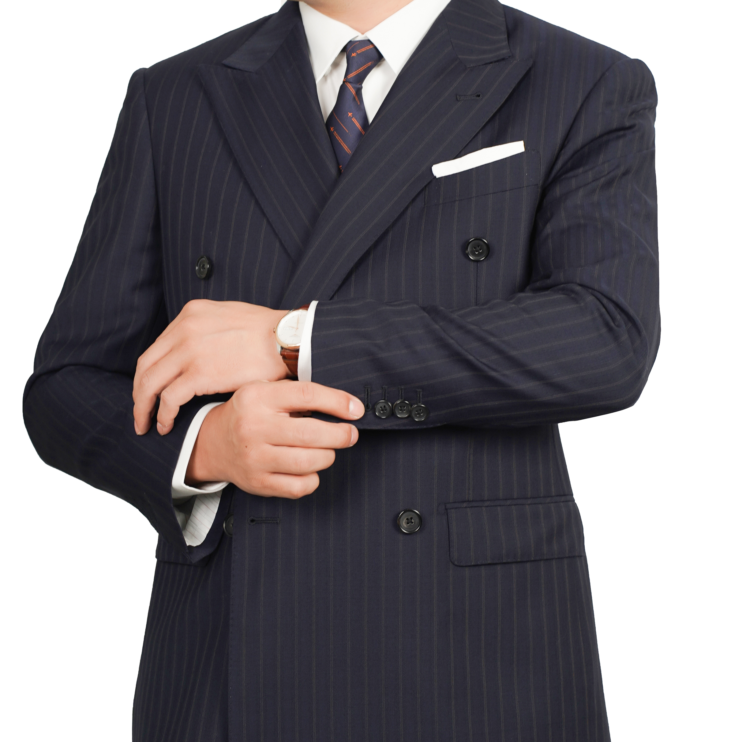 布克韦伯半麻衬藏青双排扣条纹枪驳领羊毛商务修身男士休闲西服