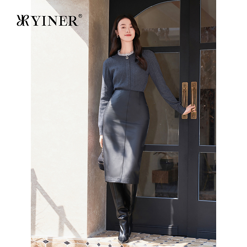 YINER音儿专选女装冬季时尚格雷系木耳花边领美丽诺羊毛针织衫