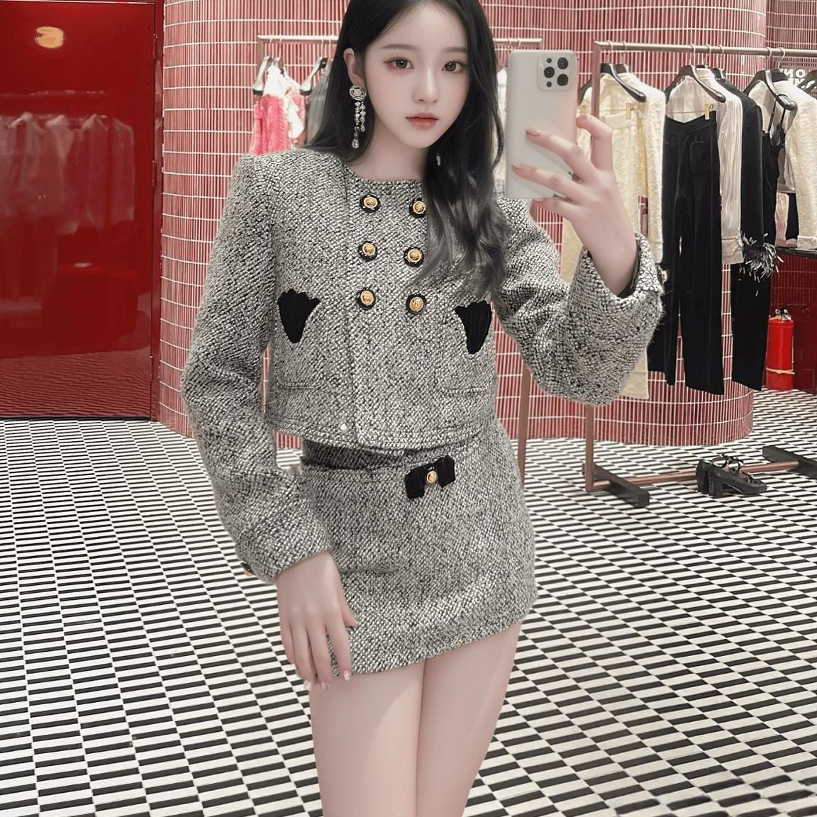 六六专属 时髦高级灰色千金感羊毛呢双排扣短款套装2024秋冬新款
