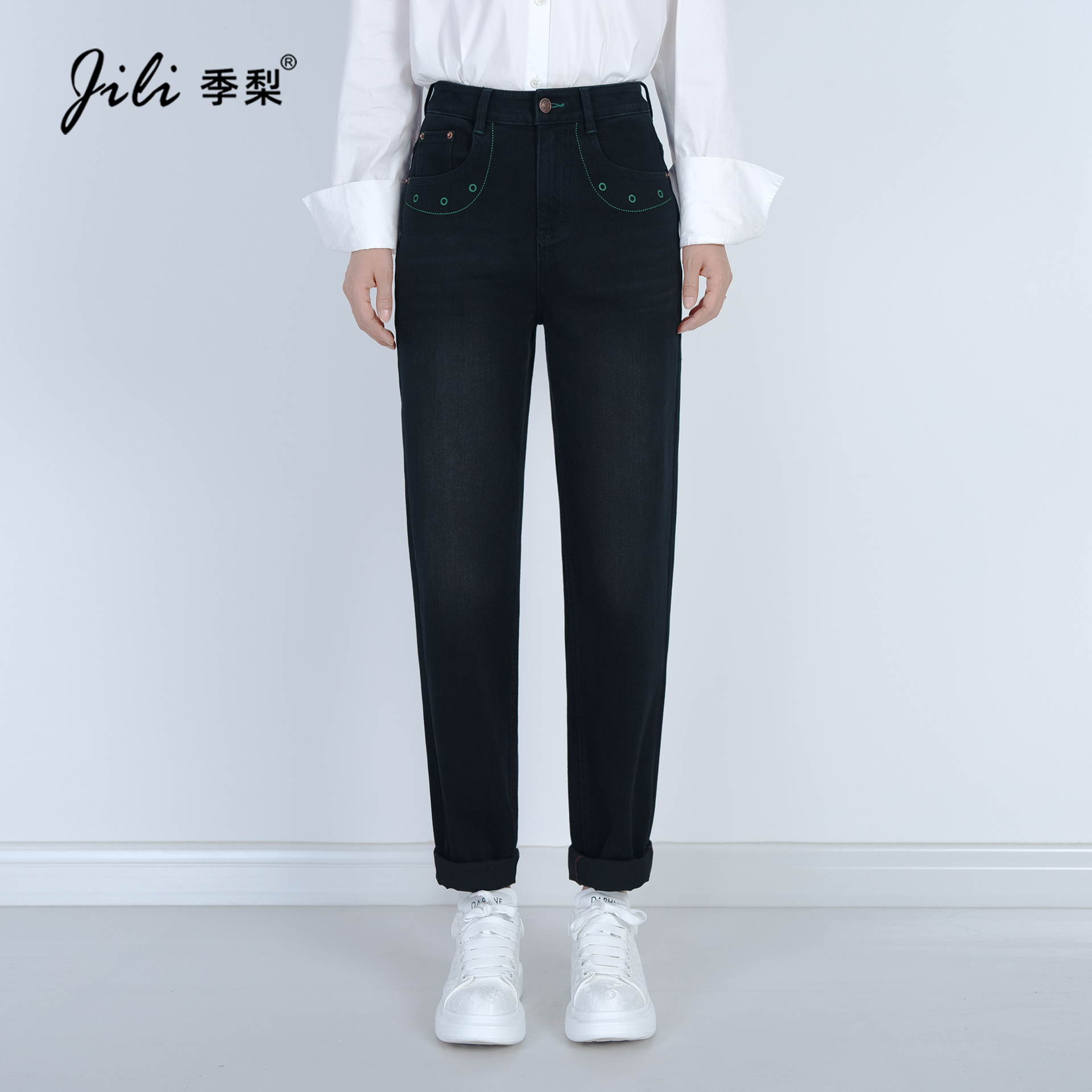 季梨【遮肉能力MAX】90度黑【老爹裤】弹力女士牛仔中高腰修身锥形裤