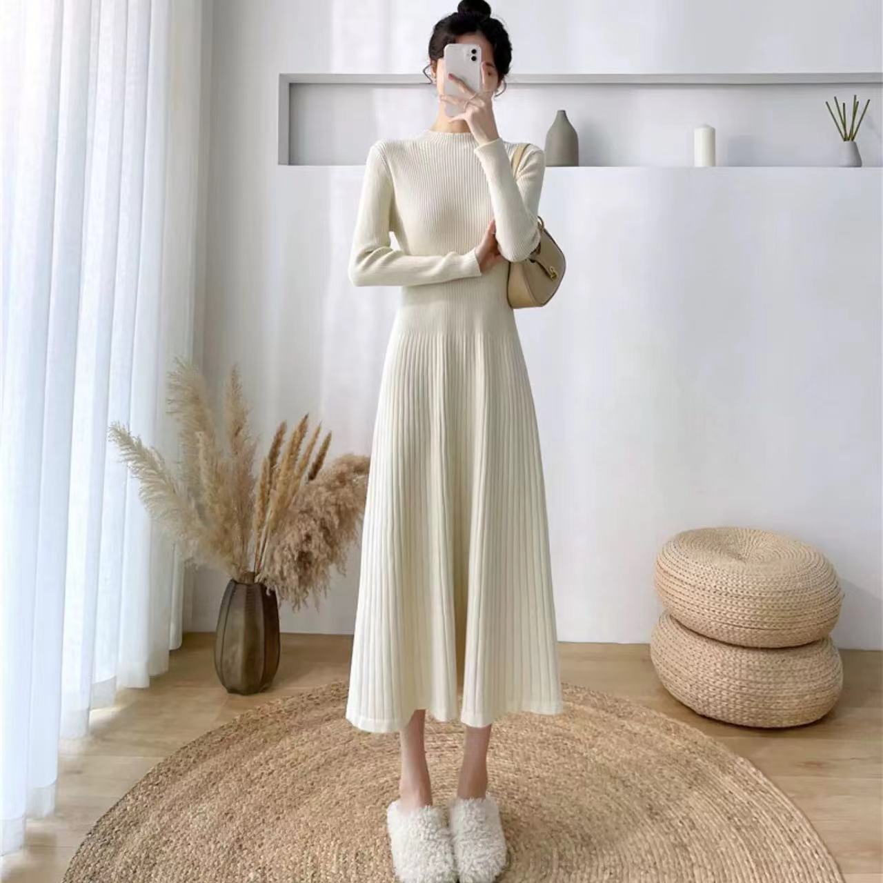 秋冬新款针织毛衣小个子配大衣半高领针织连衣裙女收腰内搭毛衣裙