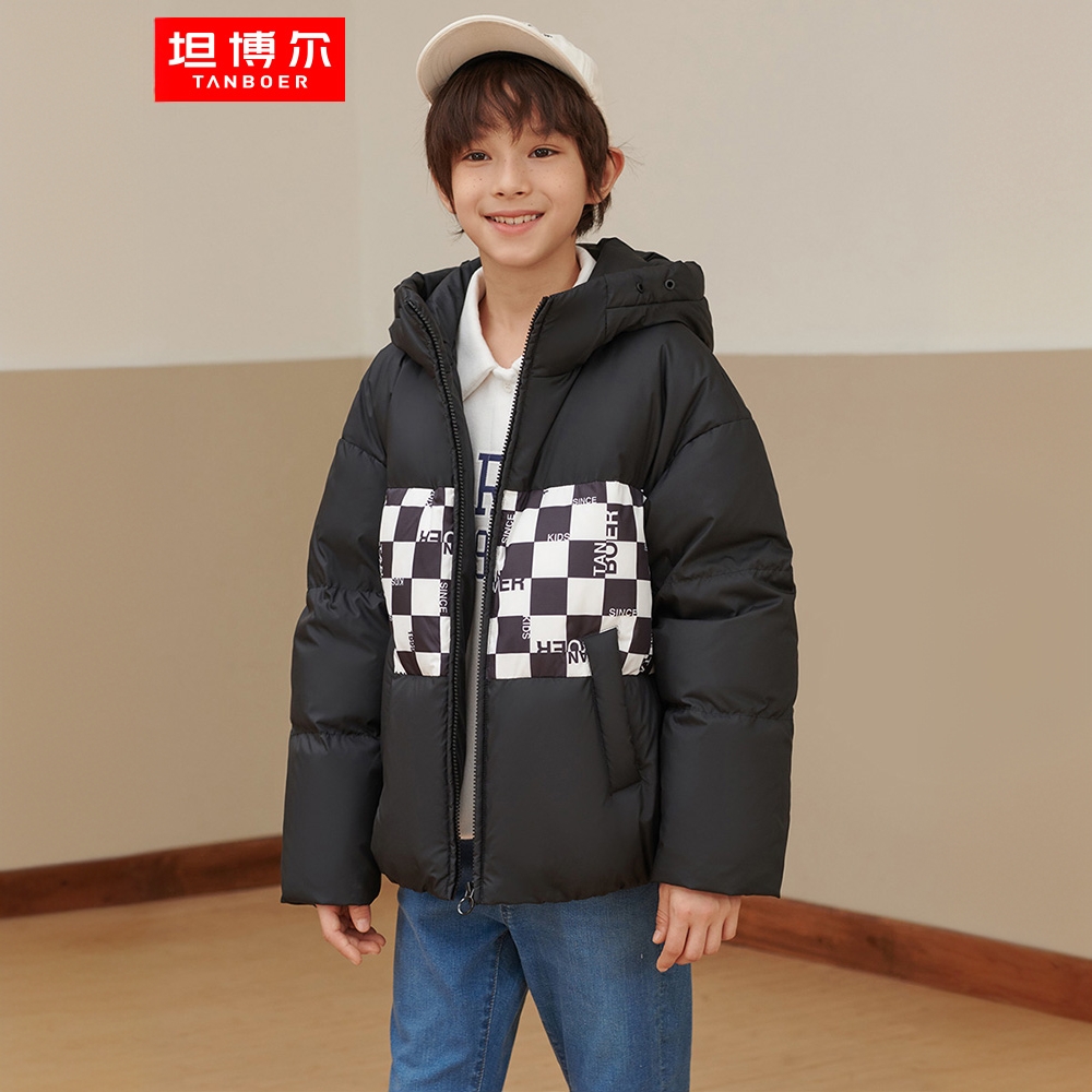 坦博尔新款棋盘格童款羽绒服男女同款泡芙连帽保暖外套TC336311