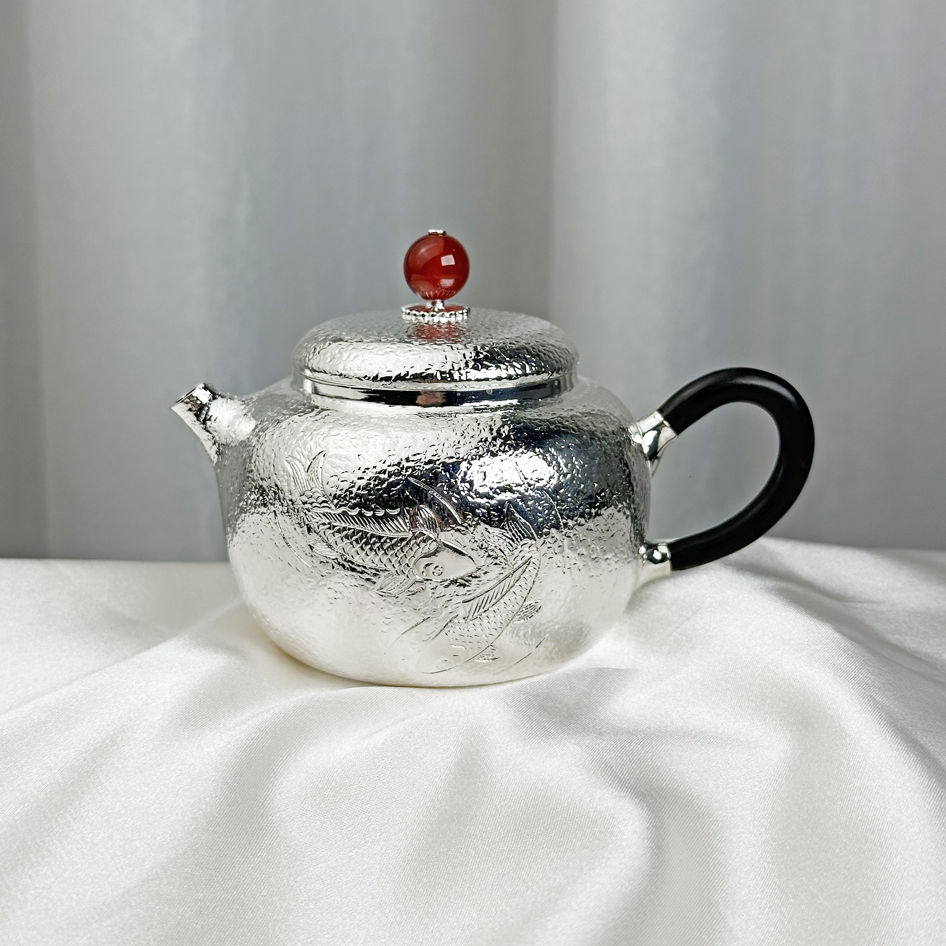 清货-手工999荷花戏小鱼小壶泡茶银壶