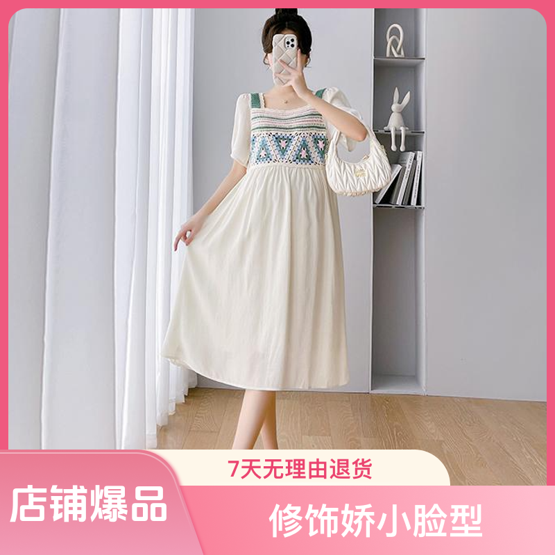 孕妇装夏装针织连衣裙小个子复古拼接甜美方领短袖宽松大码中长款