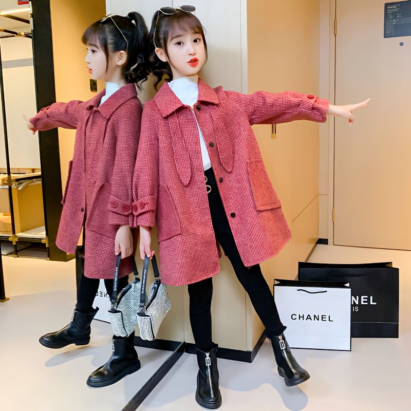 【现货】女童秋冬洋气毛呢外套儿童秋冬时髦加厚呢子大衣中长款潮流