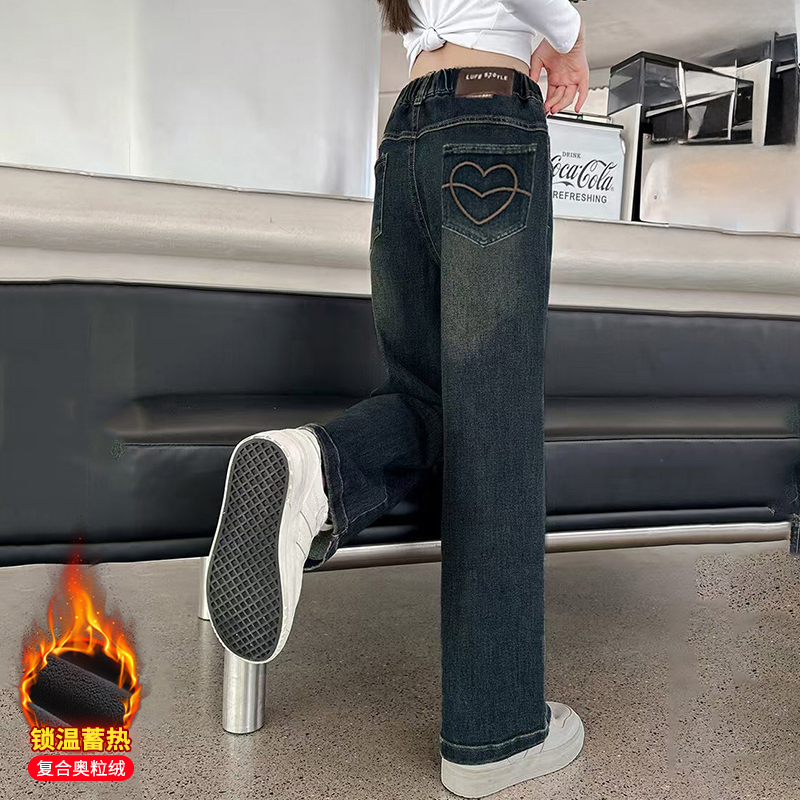 女童直筒牛仔裤秋冬季新款儿童中大童12岁长裤女孩洋气直筒加绒裤