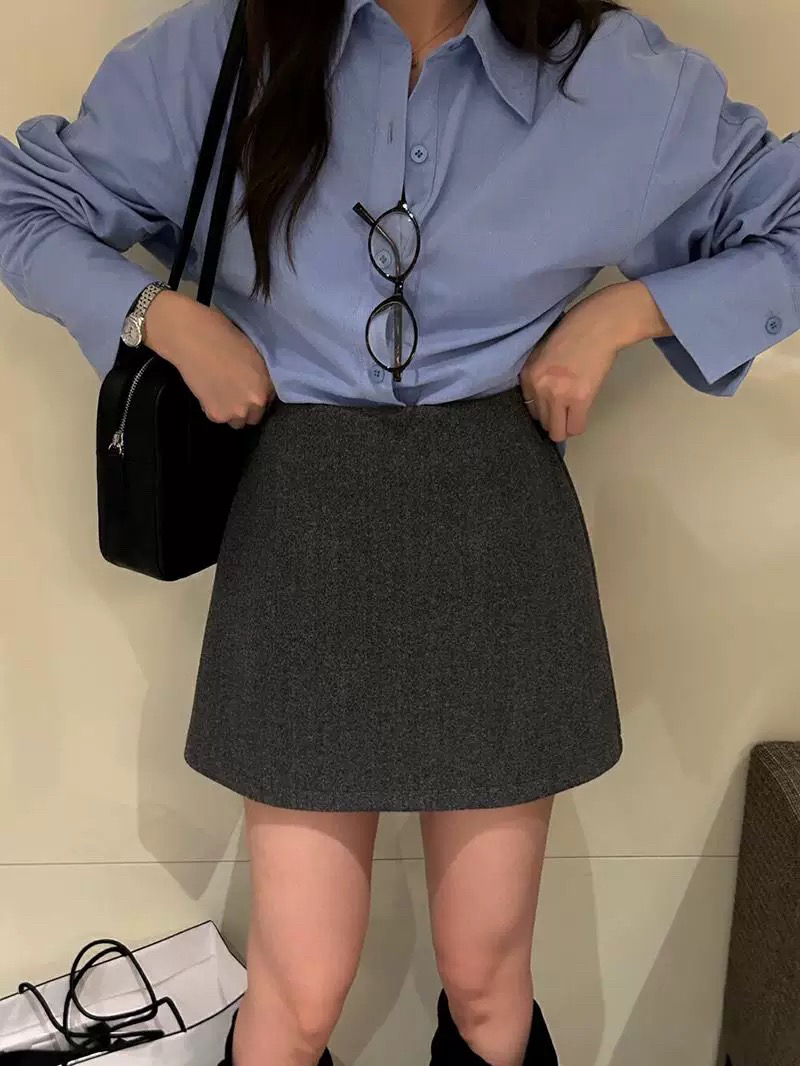 复古高腰毛呢短裙女小个子气质显瘦A字半身裙9366（裙长41）