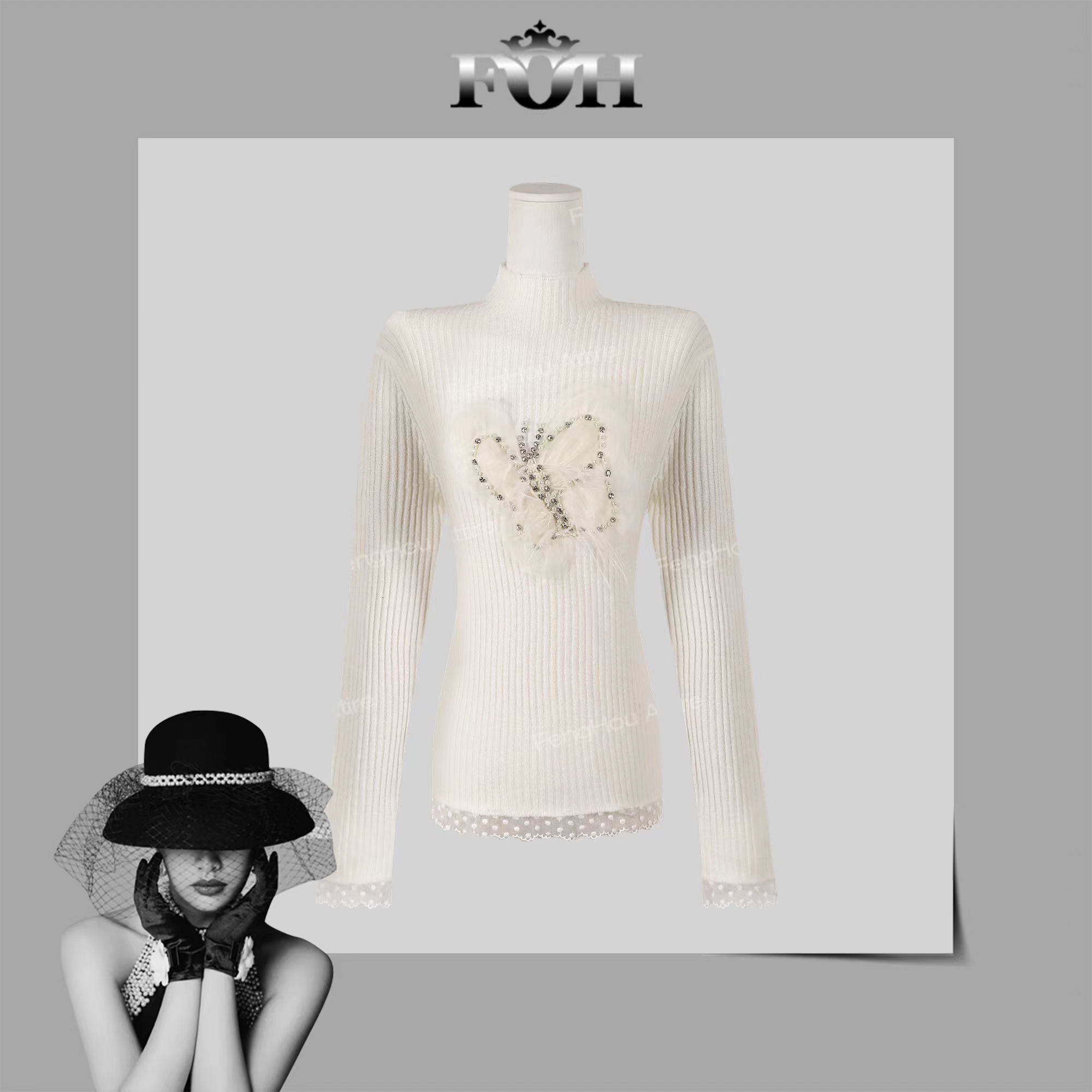 【封后轻奢设计】2024冬季新款半高领珍珠钉钻蝴蝶提花打底毛衣8267