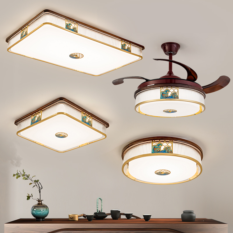新中式实木吸顶灯铜加木仿古中国风现代餐厅卧室灯风扇灯套餐