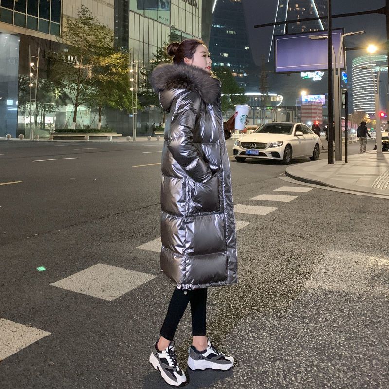 新款2023羽绒服年新款冬季时尚大毛领亮面服女中长款过膝加厚外套