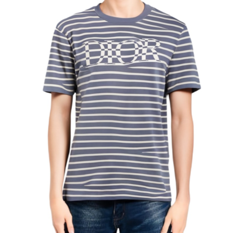 全新未使用 DIOR/迪奥 男士蓝色条纹字母短袖针织衫115202运动   