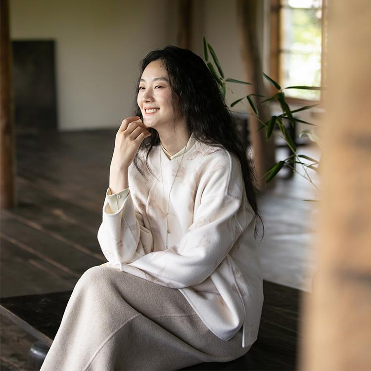 牧衣游原创 印花进口澳毛纯羊毛呢外套女时尚双面呢上衣 墨花月白