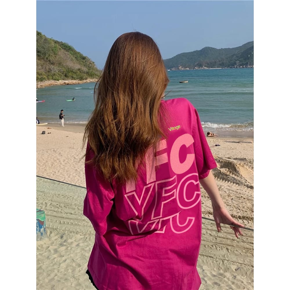 火龙果色纯棉短袖T恤女夏欧货宽松大版ins潮字母印花遮臀半袖上衣