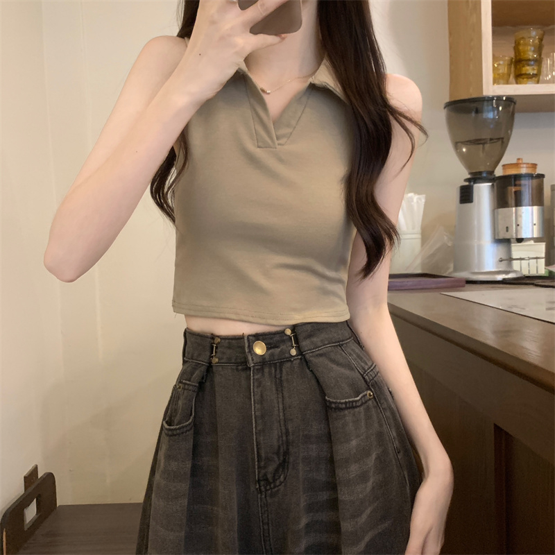 美式polo领辣妹吊带背心女内搭夏设计感高腰短款显瘦打底纯欲t恤 