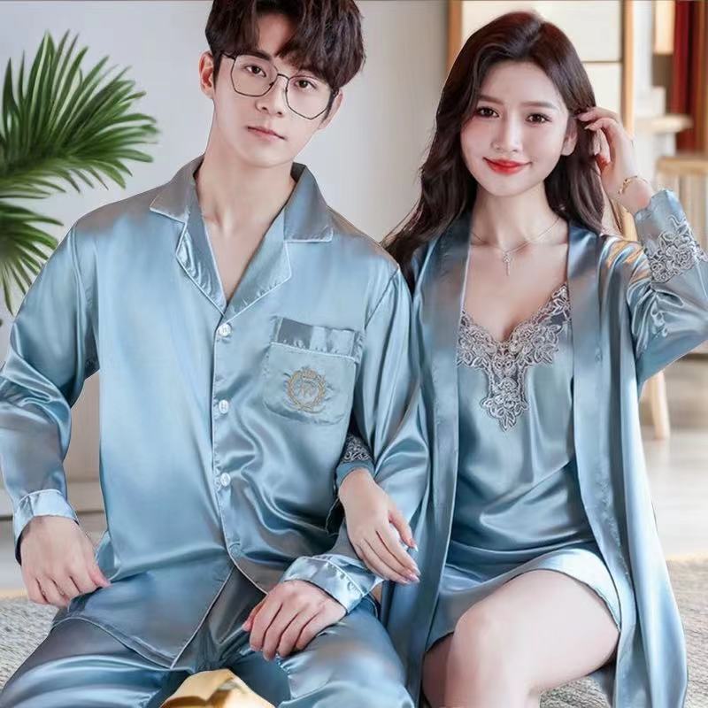 春秋季亲肤冰丝结婚睡衣新婚情侣套装丝滑性感睡袍套装女士家居服