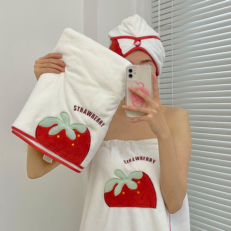 【如之纺】草莓浴巾可穿可裹柔软吸水可爱学生女成人干发帽毛巾浴裙
